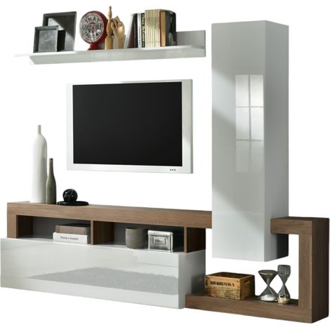 Set mobili soggiorno con contenitori, collezione BURA, lunghezza 219 cm, bianco lucido/quercia mercurio