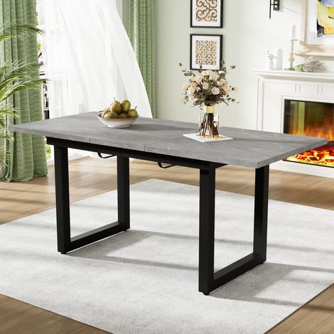 Ausziehbarer Esstisch 140/180x80x75 cm Grau Schwarz MDF mit Stahlrahmen und verstellbaren Füßen (1/5)