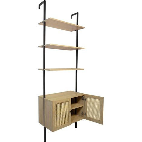Étagère murale 2 portes cannage métal noir et bois 60 x 35 x 184 cm (1/5)