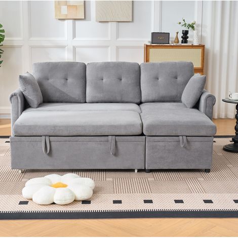 Canapé d'angle convertible avec coffre, méridienne réversible, chenille gris DESVIAE (1/5)