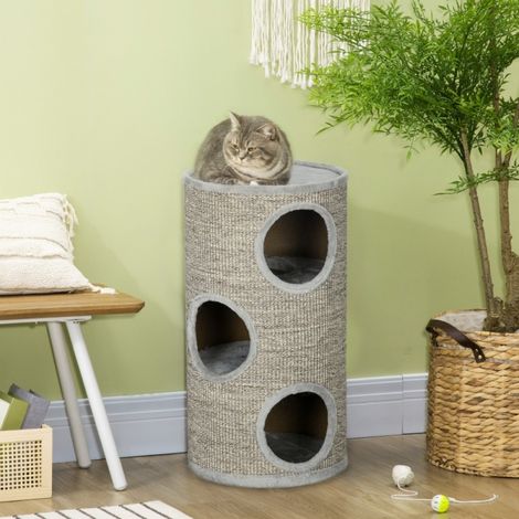 Tonneau griffoir pour chat Ø38 x 70 cm – 3 niveaux et tapis sisal – gris (1/5)