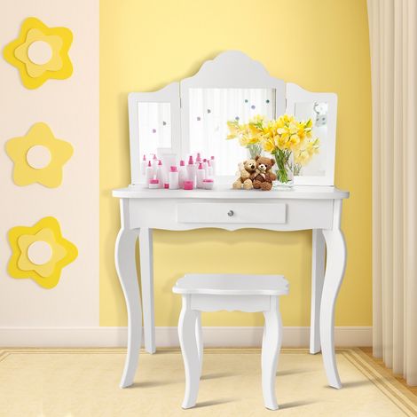 Coiffeuse Enfant Rose avec Tabouret Table de Maquillage avec Miroir à Trois Panneaux et Tiroir 70 x 34 x 104 CM Blanc (1/2)