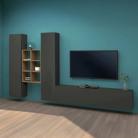 Dmora - Meuble Mural Dcola, Ensemble de salon Meuble TV avec 3 portes, Meuble de salon polyvalent, 100% Made in Italy, cm 320x30h180, Anthracite et Érable (1/5)