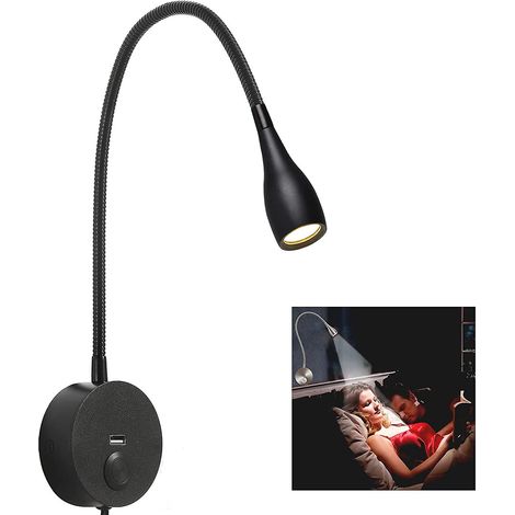 Lampe de chevet à intensité variable, lampe de lecture LED minimaliste pour chevet, fixation murale pour tête de lit avec chargeur USB (noir mat) (1/5)
