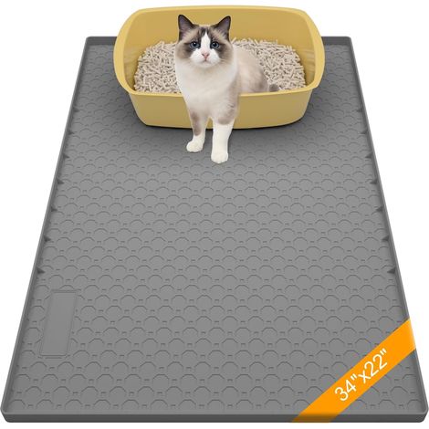 Tapis de litière de chat en silicone gris 86cmx56cm, tapis de chat pour la boîte à litières avec des bords soulevés, antidérapant et imperméable (1/5)