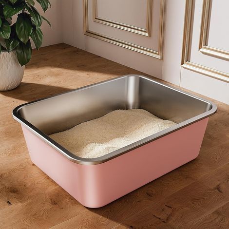 Katzentoilette aus Edelstahl, 45 x 35 x 15 cm, geruchsdicht, für große Katzen/Kaninchen, rosa (1/5)