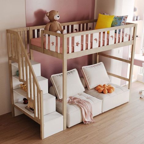 lit mezzanine enfant 90x200, bois massif escalier rangement, sécurité garde-corps design étoiles lunes (1/5)