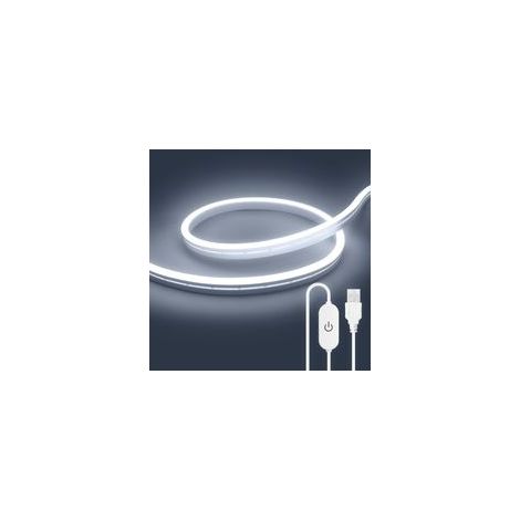 Ruban LED Néon 2 Mètres Blanc Froid, 3000K 5V Bande LED Alimentation USB, Ruban LED Extérieur avec IP67 Etanche et Dimmer pour Cuisine, Armoire, Miroir, Décoration d'intérieur