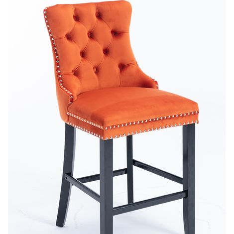 Lot de 2 tabourets de bar en velours orange avec dossier haut et pieds en bois (1/5)