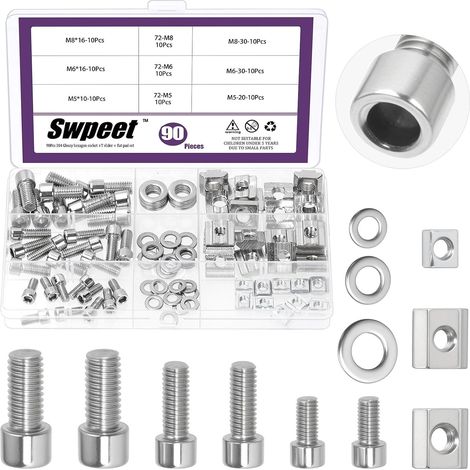 90Pcs 3 tailles M5 M6 M8 écrou à fente en T en acier inoxydable avec boulon à vis Allen et kit d'assortiment de rondelle plate, série 2020 3030 bloc à fente, écrou à fente en T de type B (1/5)
