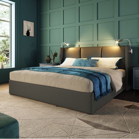 Letto imbottito moderno 160x200 cm con contenitore, testiera in PU grigio, luce lettura e ricarica USB, rete a doghe (1/5)