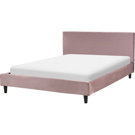 Cama tapizada en terciopelo rosa 140 x 200 cm marco de listones cabecero estilo moderno Fitou