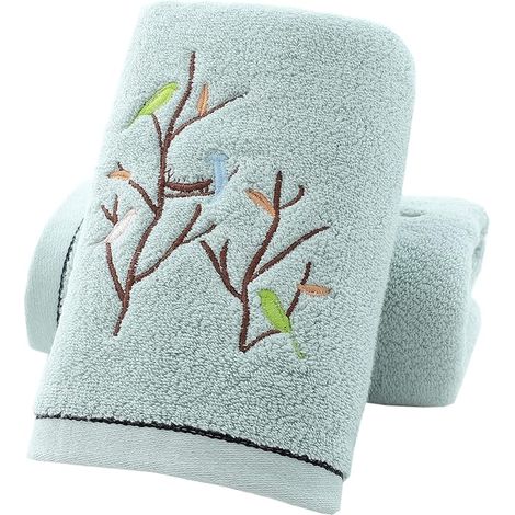 Ensemble de 2 serviettes de toilette brodées à motif d'arbre et d'oiseaux, 100 % coton (1/5)