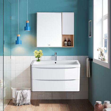 Wall Hung 2 Drawer Vanity Unit Basin Bathroom 800mm Gloss White (1/5)