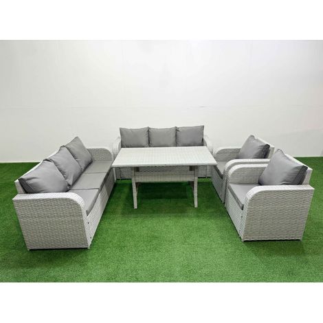 Fimous PE Rattan High Back Lounge Sofa Set Patio Rectangular Dining Table & Chairs Set with 3 Seater Sofa Reclining Chair Light Grey (1/4)