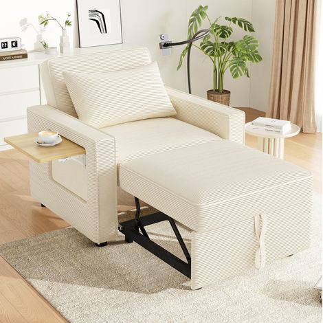 Sofá cama convertible de 1 plaza multifuncional 93 x 150 x 85 cm en tejido corduroy beige DESVIAE (1/5)