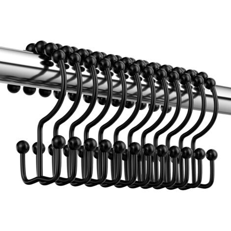 QORVA-Crochets de rideau de douche noirs, anneaux en métal antirouille, doubles crochets coulissants pour tringles de douche et rideaux, lot de 12 crochets – Noir mat