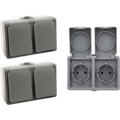 3er Set Feuchtraum Doppelsteckdose Serie Secure Aufputz IP44 250V grau 2-fach Steckdose (1/5)