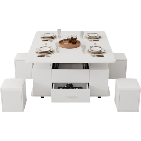 CHICFURN Mesa de centro elevable 100 x 50 x 45 cm blanca con 4 taburetes (1/5)