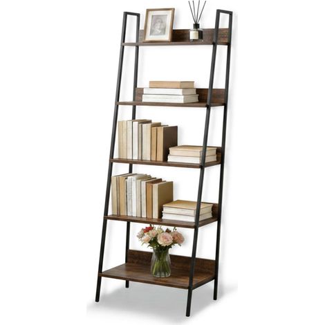 Estantería escalera Relaxdays, moderna, 5 baldas para plantas, libros y decoración, HBT: 170 x 60 x 30 cm, marrón-negro