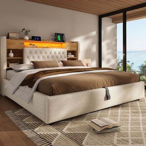 Cama arca 180x200 cm - Cama doble - Con cabecero con LED, USB y Tipo C - De tela - Beige - Sin colchón (1/5)