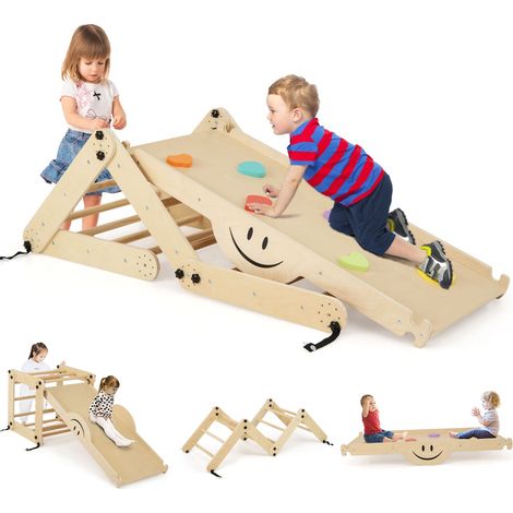 COSTWAY Climbing Set Foldable Wooden Climber Toys w/Reversible Ramp Natural (1/5)