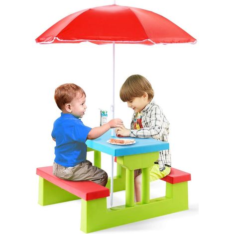 GOPLUS Ensemble de Jardin pour Enfant, Ensemble Table de Pique-Nique et Banc avec Parasol d’ Activite Exterieur, Jeu de Plein Air,Multicolore (Rouge)