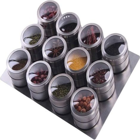 Pots à épices magnétiques en acier inoxydable, avec plateau, pour la cuisine, paquet de 12 (1/4)