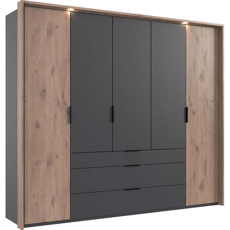 Kleiderschrank 254 cm breit inkl Beleuchtung, Passepartoutrahmen in grau mit Eiche BIELLA.43 (1/5)