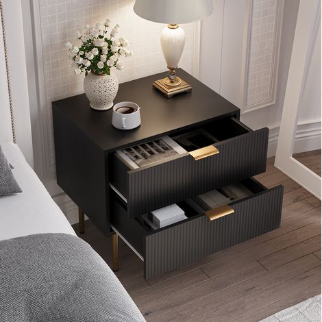 Comodino nero con 2 cassetti, design scanalato e gambe in metallo (1/5)