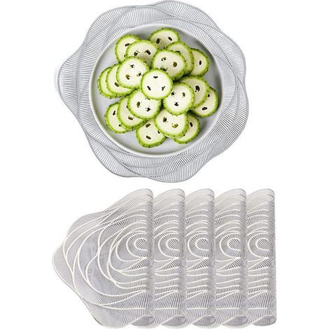 A set of 6 silver PVC placemats, washable, non-slip, and heat-resistant.