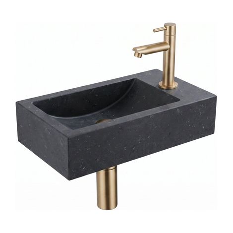 Saniclass Fuente ensemble fontaine - 40x22 - 1 trou de robinet - droite - pierre naturelle - robinet fontaine Laiton brossé PVD (Or) - foncé (1/2)