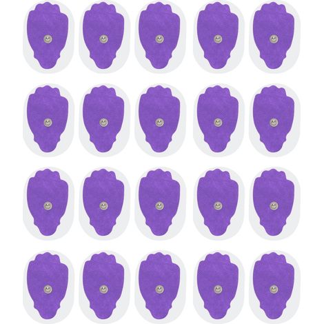 Packung mit 20 handförmigen, violetten Vlies-Knopfelektroden für TENS- und EMS-Massagegeräte. – AquaForge