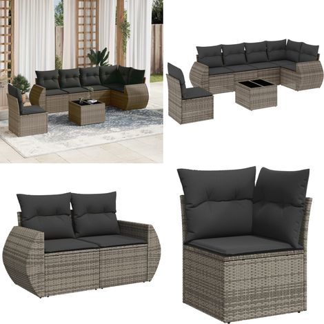 Salon de jardin avec coussins 7 pcs gris résine tressée - Ensemble Salon De Jardin - Meuble De Jardin - Jardin Design - Mobilier Exterieur - Chaise Lounge - Home & Living (1/5)