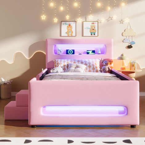 Lit plateforme rembourré, 90 x 200 cm, avec marches, tiroirs, bande lumineuse LED et sac de rangement, rose (1/5)