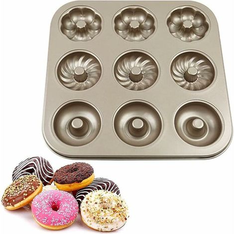DEESSE SHOP - Moule à beignets, moules à beignets, moule à beignets, plateau à beignets à 9 trous en acier au carbone antiadhésif, facile à nettoyer, pour beignets faits maison, biscuits, bagels, muff (1/5)