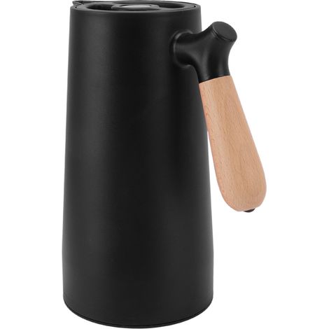 Carafe isotherme 1 L à café, isolation 12 h, embout buccal, poignée en bois, noire, idéale pour la maison, le camping et la randonnée. (1/5)