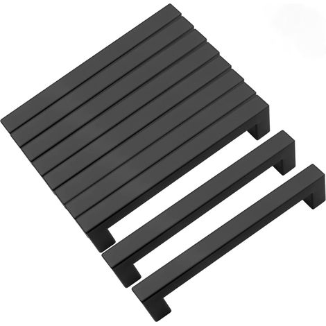 Juego de 10 tiradores cuadrados de acero inoxidable para armarios de cocina, con una distancia entre orificios de 128 mm, color negro. (1/5)