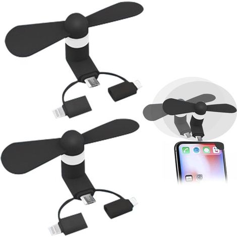 Lot de 2 mini ventilateurs pour téléphone, ventilateurs 3-en-1 compatibles iPhone et Android, connecteurs USB-C, Lightning et Micro USB, portables, noir (1/5)