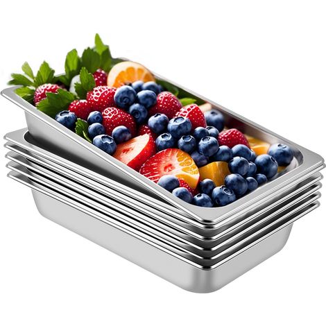 Bac Inox Alimentaire Lot de 6 Plats à Four en Acier Inoxydable 13L Épaisseur 0,8mm Bac Poli Rectangulaire Effet Miroir Aliments Chauds et Froids pour Cuisine de Restaurant Gril Gâteaux Tartes (1/5)