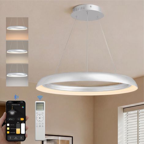 doporro Lampadario Sospensione 30W, Lampada 3000-6000K con Filo 110 CM, Altezza regolabile, Lampada da Soffitto a Sospensione per Camera da Letto, Cucina e Soggiorno, 60cm, Argento Opaco, Luvina04 (1/5)