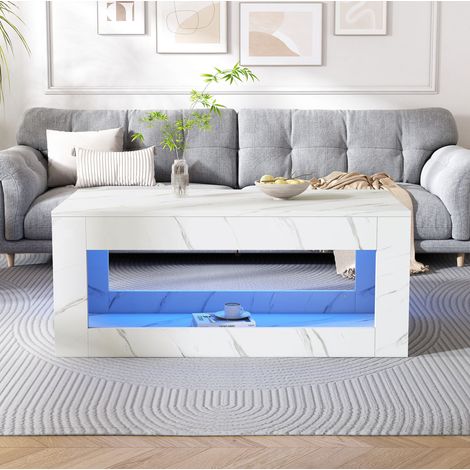 LED-Couchtisch 100 x 50 x 50 cm mit Fernbedienung, weißer Marmoreffekt HAVRYA (1/5)