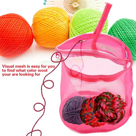 Sac de rangement pliable en nylon maille pour laine et accessoires, étui pratique portable (rouge rose) 14 x 13 cm (1/5)