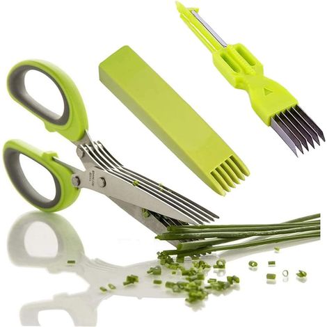 Ciseaux à Herbes,Ciseaux de 5 Lames Ciseaux Fines Herbes pour Fines Herbes Aromatiques Equipé de Peigne Nettoyage Vert-gris (1/5)
