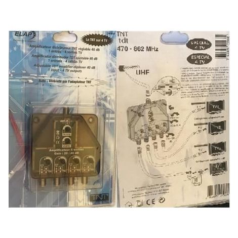 AMPLIFICATEUR DISTRIBUTEUR TNT REGLABLE 40 DB 1ENTREE-4SORTIES TV REF 341057 ELAP HDME