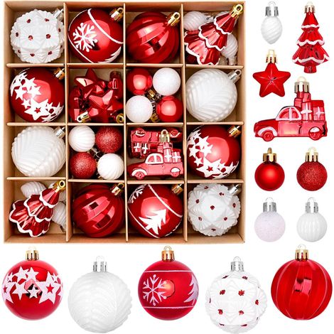 42 Weihnachtsdekorationen, darunter Kugeln in verschiedenen Ausführungen, rote und weiße Plastikkugeln, geeignet für Weihnachtsbäume, die an Bäumen aufgehängt oder als Innendekoration verwendet werden (1/5)