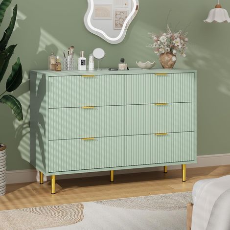 Commode 6 Tiroirs Moderne vert, Meuble de Rangement avec Façade Ondulée et Pieds Dorés, pour Chambre Salon, 100x40x75 cm (1/5)