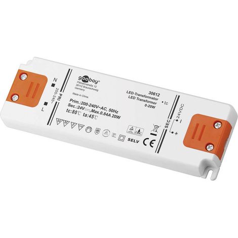 Trasformatore LED 24 V (DC), 20 W, per LED fino a 20 W di carico totale e tensione diretta di 24 V (DC).