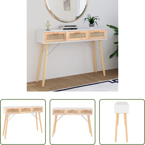 Rangement - Table console Blanc 105x30x75 cm Bois massif pin /rotin naturel (1/5)