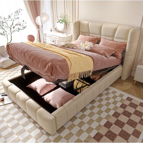 DESVIAE Lit enfant rembourré avec rangement 90 x 200 cm tête de lit ailes cadre en tissu beige avec mécanisme de levage pour chambre et chambre d amis (1/5)
